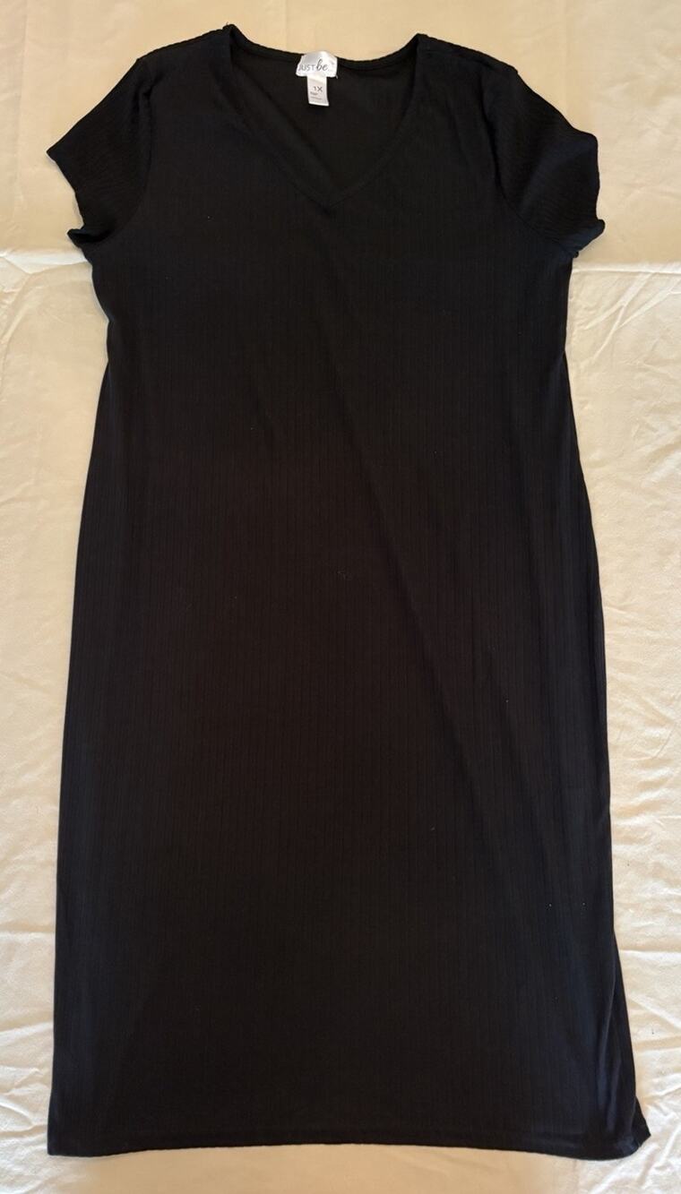 Just Be Womens Rib Knit Dress Size1X Black Short Sleeve VNeck Stretch Minimalist